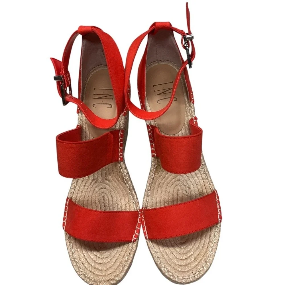 INC International Concepts Coral Red Platform Wedge Espadrille Sandals‎ Size 7.5